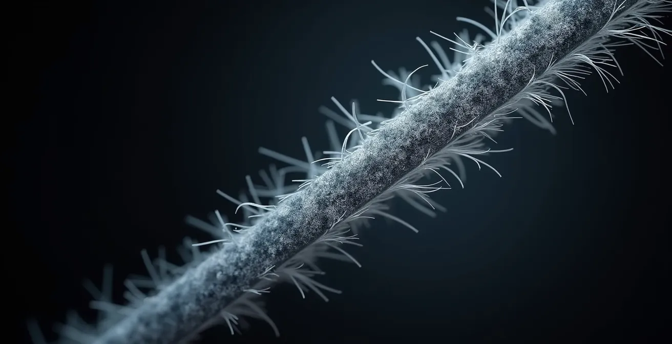 Vue macro de fibres capillaires avec résidus synthétiques accumulés