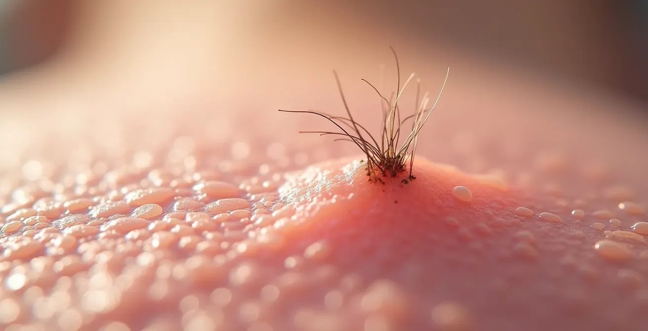 Détail macro d'un follicule pileux sain sur un cuir chevelu