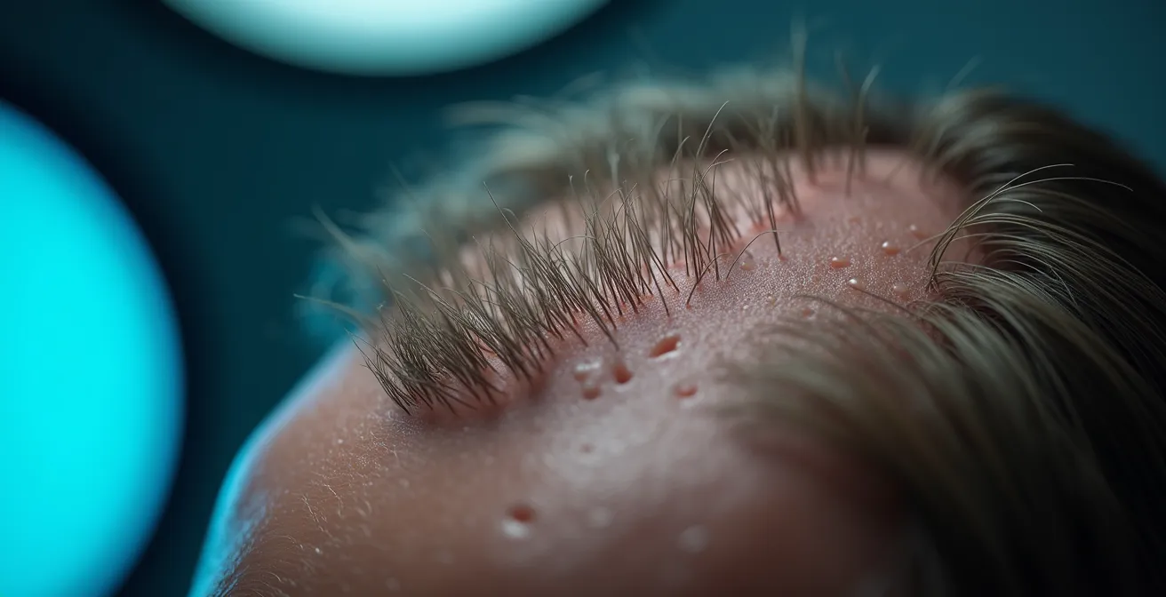 Vue macro d'un cuir chevelu examiné avec un microscope professionnel