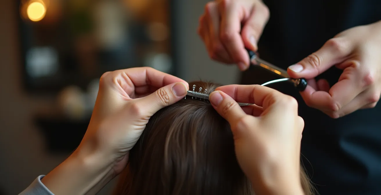 Mains expertes d'un coiffeur travaillant avec précision sur des cheveux