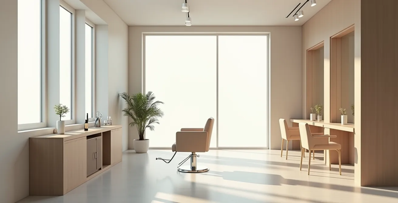 Intérieur épuré d'un salon de coiffure moderne avec lumière naturelle