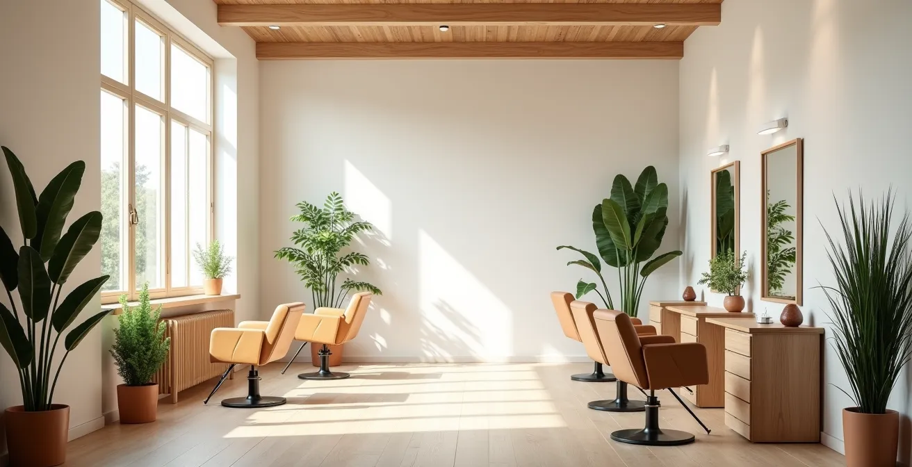 Intérieur épuré d'un salon de coiffure baigné de lumière naturelle